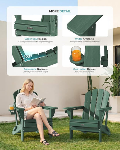 Ciokea Folding Adirondack Chair Wood Texture, Patio Adirondack Chair Weather Resistant, Plastic Fire Pit Chair with Cup Holder, Lawn Chair for Outdoor Porch Garden Backyard Deck (Green)