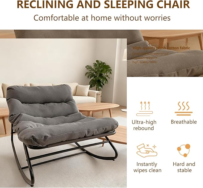 Oversized Papasan Rocking Chair with Cushion, 300 lbs Weight Capacity, Comfortable Indoor Outdoor Lounge Chair for Patio, Garden, Living Room & Bedroom – Gray
