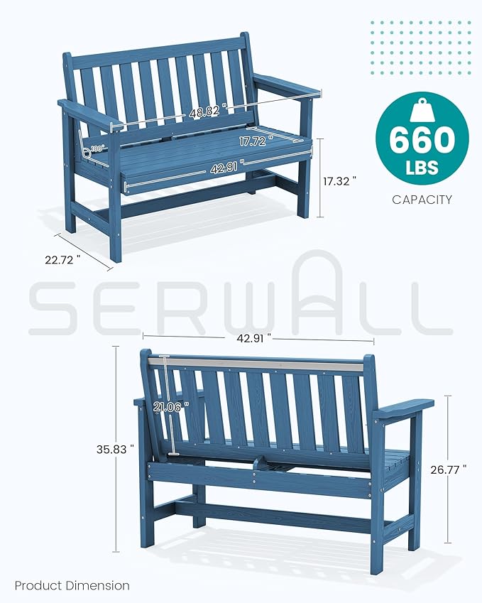 SERWALL Outdoor Bench, HDPE Outdoor Benches Weatherproof, 2-Person Garden Bench with 660 lbs Weight Capacity - Photo 3