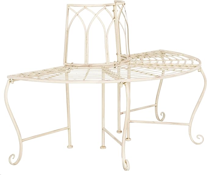 SAFAVIEH Outdoor Furniture Collection – Abia Antique White Distressed Wrought Iron 50-Inch Curved Tree Bench - Photo 4