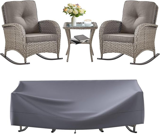 Outdoor Rocking Chairs Set of 2-Patio Table and Chairs Set Outdoor Conversation Furniture Sets for Deck Porch Garden Balcony Poolside-Grey/Grey