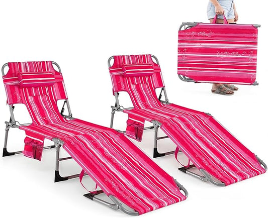 GYMAX Tanning Chair with Face Hole, Sun Bathing Lounge Chairs for Outside with Side Pocket, Folding Portable Face Down Layout Tanning Chair Beach, Backyard, Poolside, Lawn (Pink Stripe,2)