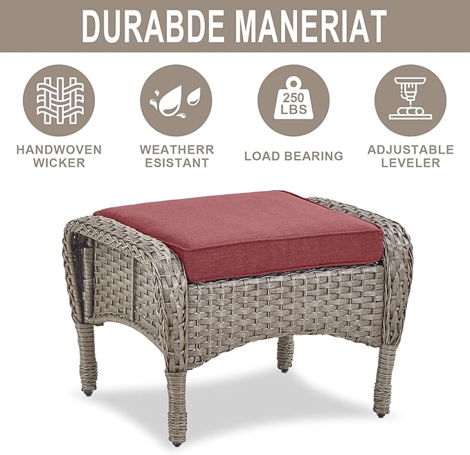 Belord Outdoor Ottomans for Patio Foot Rest - 25 Inch PE Wicker Foot Stool Set of 2 with Removable Cushions for Patio Furniture Sets,All Weather Rattan Ottoman for Balcony Deck Gray/Red