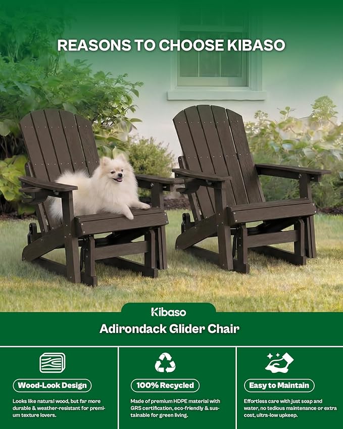 3-Position Adjustable Adirondack Chair with Cup Holder, HDPE All-Weather Outdoor Glider Chair, Wood-Grain Fire Pit Chairs for Pool, Yard, Deck (Coffee Brown)