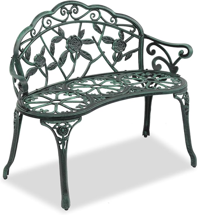 Vasitelan 38.5" Patio Park Garden Outdoor Metal Rose Bench,Cast Iron Cast Aluminium Frame Antique Finish Chair, Lawn Front Porch Path Yard Decor Deck Furniture (Green)