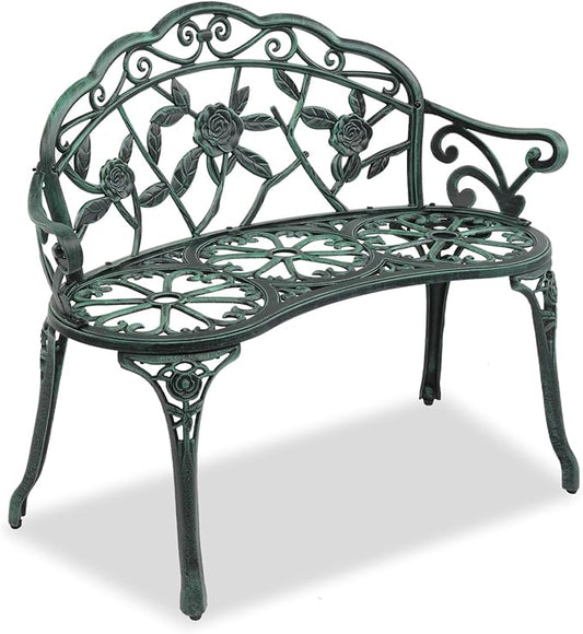 38.5" Outdoor Cast Aluminum Patio Bench,Park Leisure Rose Chairs,Metal Porch Bench Chair,Outside Patio Park Benches,with Curved Legs,for Bedroom Deck Garden Balcony Backyard Entryway (Antique Green)