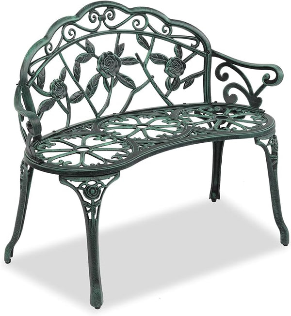 38.5" Outdoor Cast Aluminum Patio Bench,Park Leisure Rose Chairs,Metal Porch Bench Chair,Outside Patio Park Benches,with Curved Legs,for Bedroom Deck Garden Balcony Backyard Entryway (Antique Green)