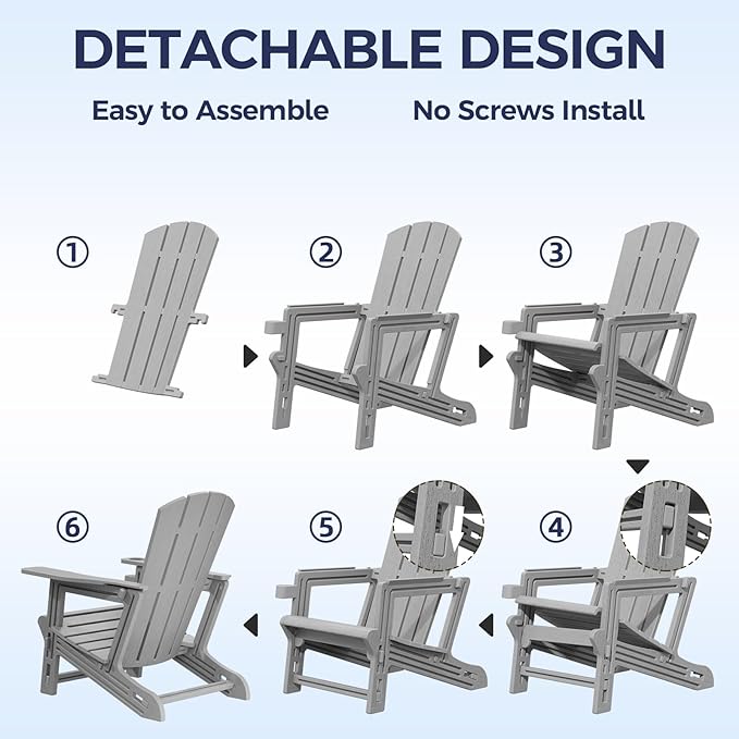 Adirondack Chair, Plastic Outdoor Weather Resistant Lawn Furniture, Patio with Cup Holder Without Screws Install, 400 LBS Capacity Recliner Chair Garden Chair for Backyard Beach, Grey
