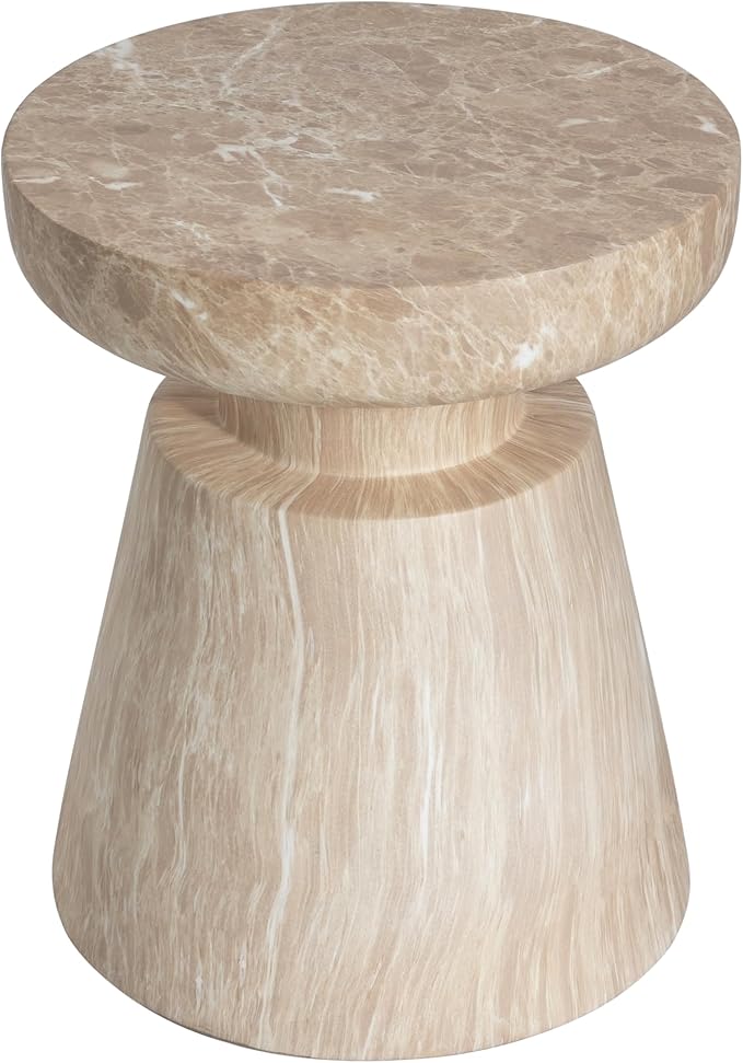 Christopher Knight Home Jayme 15"Lightweight Concrete End Table, Indoor Outdoor Accent Side Table, Travertine Round Tabletop, Easy Move, Decorative Garden Stool for Poolside Balcony Living Room, Gold