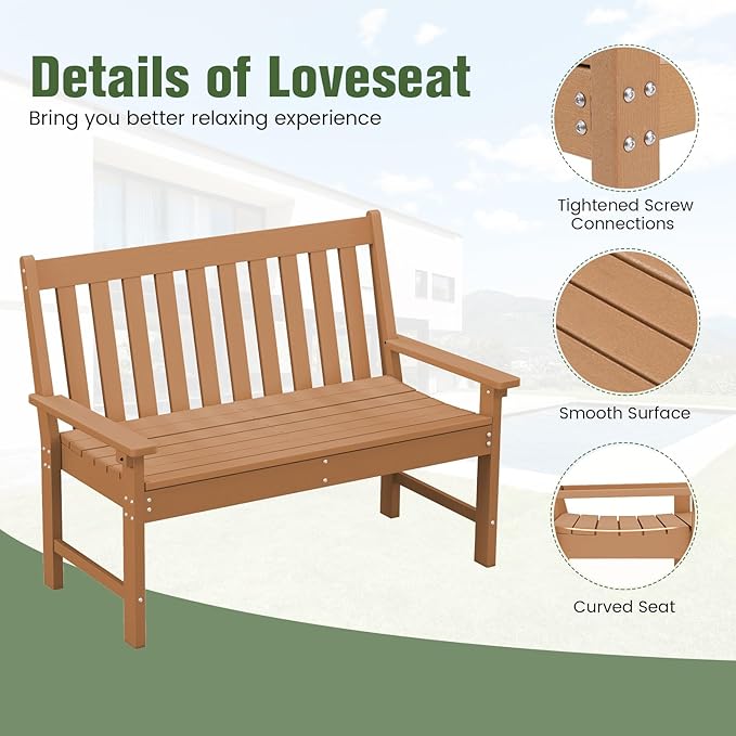 Tangkula HDPE Outdoor Garden Bench with Backrest, 2-Person All-Weather Patio Loveseat Chair with Slatted Seat, 705 lbs Weight Capacity, Patio Benches for Balcony, Garden, Porch, Backyard & Park, Brown