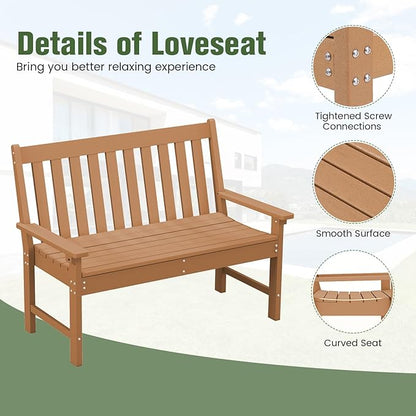 Tangkula HDPE Outdoor Garden Bench with Backrest, 2-Person All-Weather Patio Loveseat Chair with Slatted Seat, 705 lbs Weight Capacity, Patio Benches for Balcony, Garden, Porch, Backyard & Park, Brown
