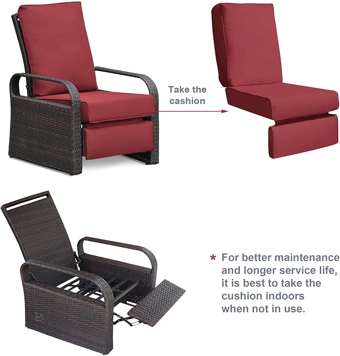 ATR ART TO REAL Outdoor Recliner, Outdoor Resin Wicker Patio Recliner Chair with 5.5'' Cushions, Patio Furniture Auto Adjustable Rattan Sofa, UV/Fade/Water/Sweat/Rust Protected, Easy to Assemble (Red)