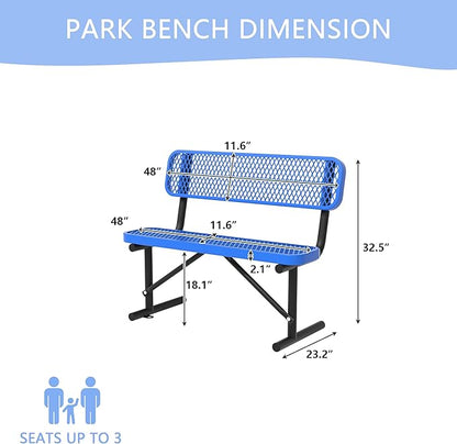 4 Ft Metal Park Bench for Outside, All-Weather Thermoplastic Coating Outdoor Bench with Backrest, Commercial Heavy Duty Benches for Shopping Malls, Stores, Parks, Patios, Decks, Blue