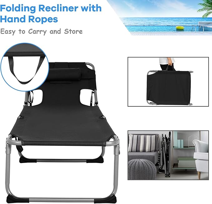 GYMAX Tanning Chair, Folding Beach Lounger with Face Arm Hole, Adjustable Backrest, Side Pocket, Pillow & Carry Handle, Outside Sunbathing Lounge Chair for Patio, Poolside, Lawn (1, Black)