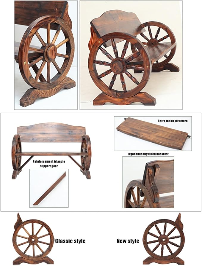 Outdoor Garden Bench, Rustic Wooden Wagon Wheel Bench Wheel Arms, w/Curved Backrest and Wide Armrest, 2-3 People Park Bench, Suitable for Backyard, Patio, Porch(Color:A,Size:55x21.6x31.1in)