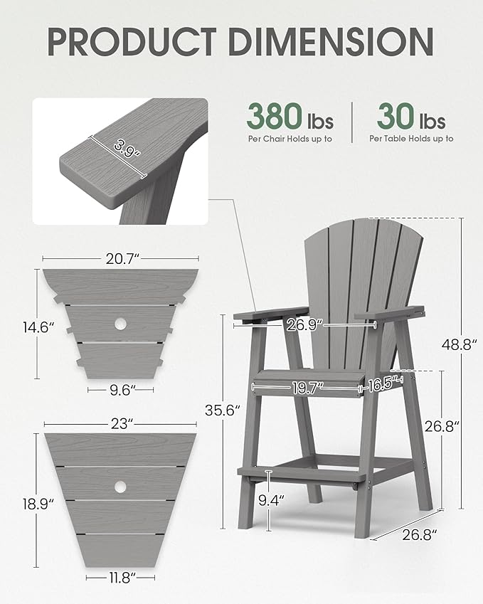 Tall Adirondack Chairs Set of 2, HDPE High Adirondack Chairs with Double Removable Trays, All Weather Outdoor Barstools for Patio, Balcony, Backyard, Deck and Garden, Grey