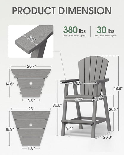 Tall Adirondack Chairs Set of 2, HDPE High Adirondack Chairs with Double Removable Trays, All Weather Outdoor Barstools for Patio, Balcony, Backyard, Deck and Garden, Grey