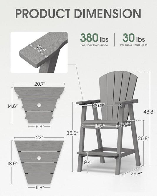 Tall Adirondack Chairs Set of 2, HDPE High Adirondack Chairs with Double Removable Trays, All Weather Outdoor Barstools for Patio, Balcony, Backyard, Deck and Garden, Grey