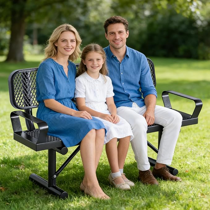 Ceridwen Outdoor Benches Heavy Duty Steel Frame Park Bench with Backrest Bench,Park Bench Steel Mesh Outdoor Bench for Garden,Weatherproof Outdoor Bench for Garden (Black with Armrests, 4FT)