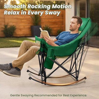 ABORON Oversized Rocking Camping Chair for Adults, Fully Padded Folding Outdoor Lawn Chair with Side Pocket, Portable Recliner Chair for Camp, Patio, Backyard, Supports 400 lbs