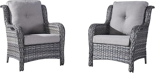 HUMMUH Patio Chair Wicker Patio Dining Chairs Set of 2 PE Rattan Deep Seating Outdoor Chairs with 4 inch Seat Cushions