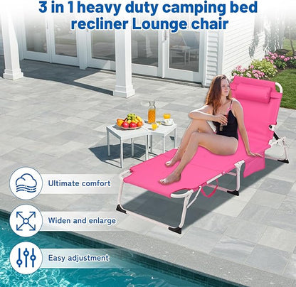 XMT 3-in-1 Tanning Chair with Face Hole for Outside, 5-Position Reclining & Head Cushion – Portable Folding Beach Lounge Chairs for Pool, Lawn, Yard (Pink)