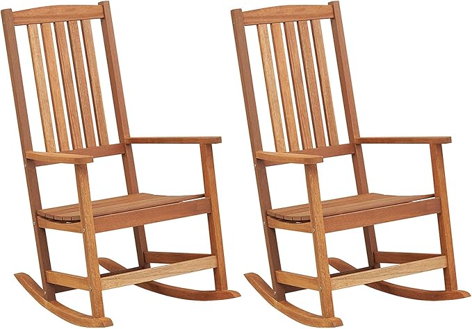 Tangkula Outdoor Wood Rocking Chair Set of 2, Ergonomic High-Back Patio Rocker with Smooth Rocking Base, Slatted Design, Perfect for Patio, Poolside, Backyard