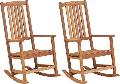 Tangkula Outdoor Wood Rocking Chair Set of 2, Ergonomic High-Back Patio Rocker with Smooth Rocking Base, Slatted Design, Perfect for Patio, Poolside, Backyard
