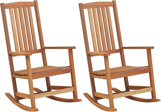 Tangkula Outdoor Wood Rocking Chair Set of 2, Ergonomic High-Back Patio Rocker with Smooth Rocking Base, Slatted Design, Perfect for Patio, Poolside, Backyard