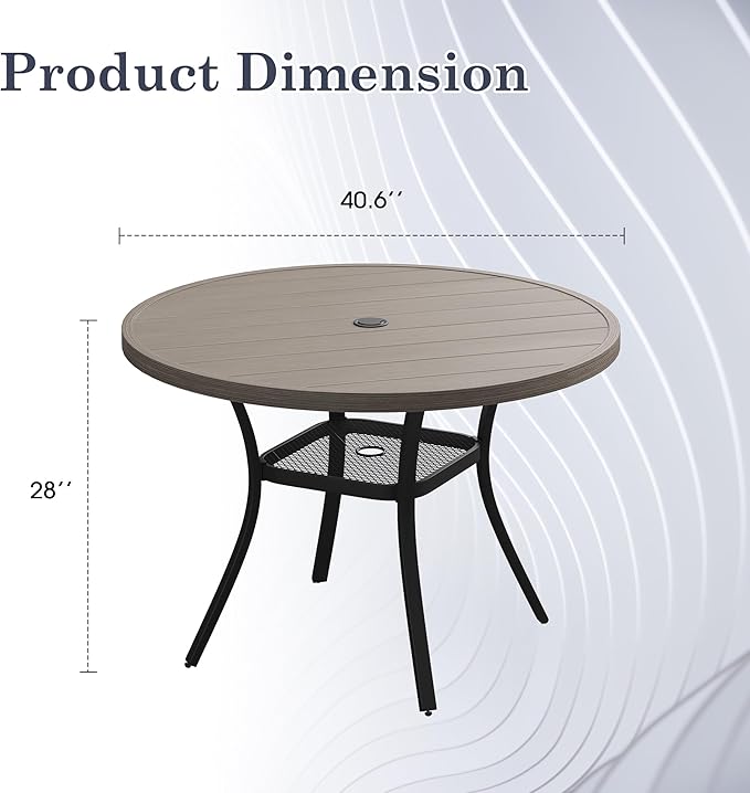 Outdoor Dining Table with Adjustable Umbrella Hole, 40.6" All-Weather Round Patio Dining Table for 4, Metal Patio Table with Storage Shelf for Garden Lawn Porch Deck Yard, Grey