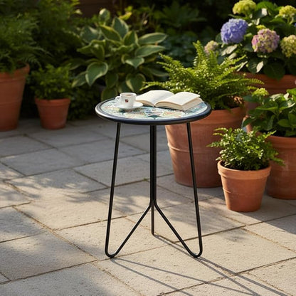 LIFFY Patio Side Table, 12" Outdoor Metal Side Table with Glass Top, Indoor Round Accent End Table for Living Room or Bedroom, Small Decorative Plant Stand Table for Garden Yard Balcony
