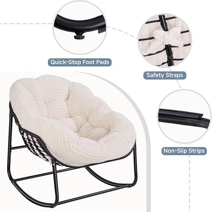 Indoor Rocking Chair, Oversized Outdoor Lounge Chair with Thick Corduroy Cushion & Straps, Wicker Modern Comfy Rocker Egg Chair for Living Room, Bedroom, Porch and Courtyard, Beige