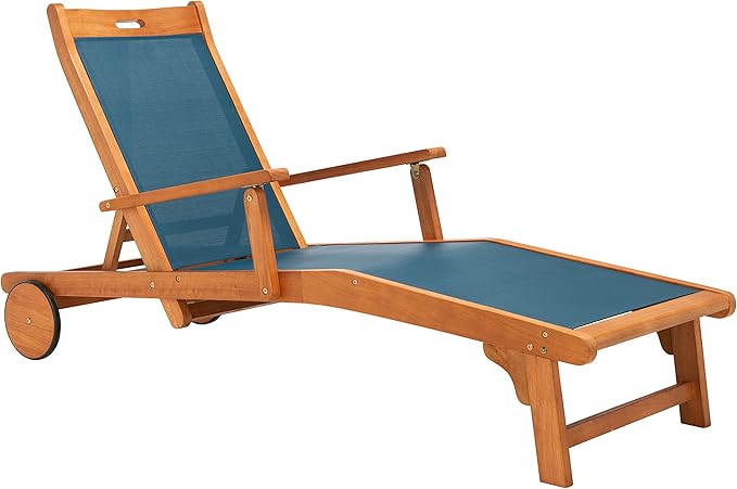 SAFAVIEH Outdoor Collection Kamson Natural Brown Solid Wood/Navy Fabric Adjustable Chaise Lounge Chair (PAT7071B) - Photo 8