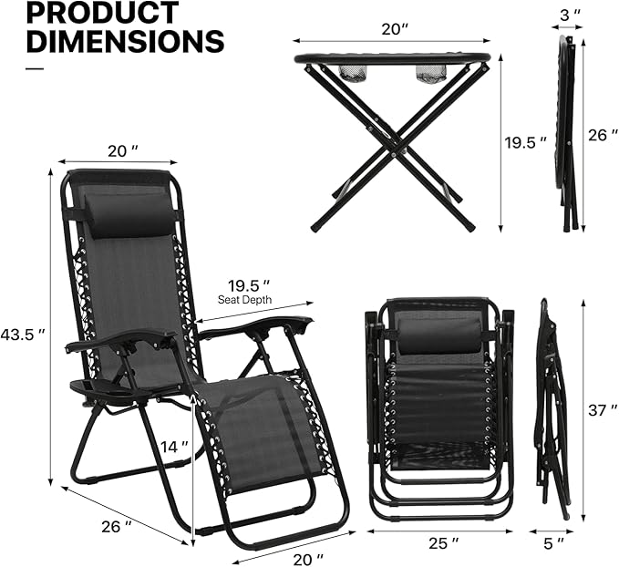 MoNiBloom Table and Patio Chairs Set of 3, Outdoor Adjustable Zero Gravity Folding Breathable Mesh Reclining Lounge Chairs with Pillow and Side Tray, 330lbs Capacity - Black