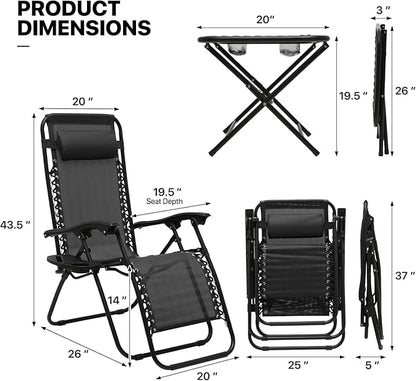 MoNiBloom Table and Patio Chairs Set of 3, Outdoor Adjustable Zero Gravity Folding Breathable Mesh Reclining Lounge Chairs with Pillow and Side Tray, 330lbs Capacity - Black