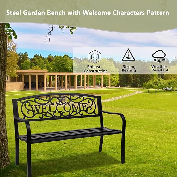 50" Outdoor Bench,Metal Outside Benches for Garden,Patio,Front Porch, Park, Yard, with Armrest and PVC Backrest,Weather Resistant,Iron,Support up to 750lbs,Black