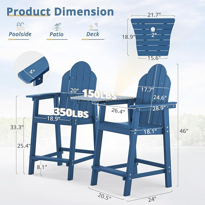 LUE BONA Tall Adirondack Chair Set of 2, All Weather HDPS Bar Height Adirondack Chair with Detachable Table & Umbrella Hole, Adirondack Barstools for Patio, Deck, Backyard & Commercial Use Navy Blue