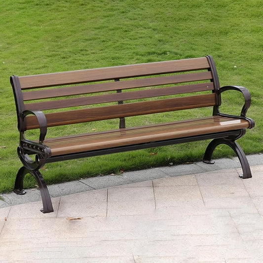 LITFAD Outdoor Bench Modern Park Bench with Corrosion Resistant Metal Frame, Dark Brown Wooden Seating with Backrest, Garden Bench for Patio, Lawn, Yard, Porch - Type G, 47" L x 23.5" W x 31" H