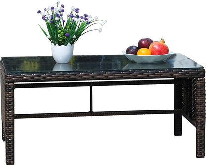 Rattan Wicker Side Table Glass Coffee Table for Outdoor Backyard Lawn Balcony Pool RectangleTempered Glass Top Wicker Rattan End Table Furniture with Storage (Brown3)