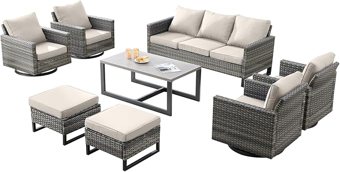 Wicker Outdoor Patio Furniture Set - 8 Piece Patio Conversation Set with 4 Swivel Rocker Chairs,2 Rattan Ottoman,1 Couch and 1 Metal Coffee Table for Outside Porch Deck Backyard(Mixed Grey/Beige)