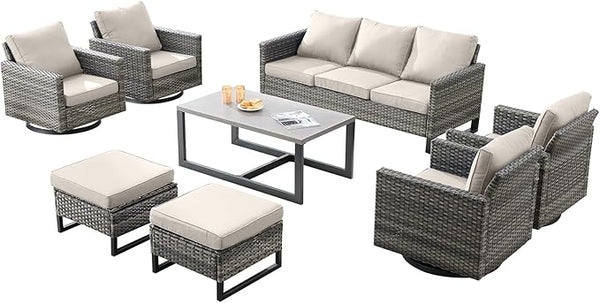 Wicker Outdoor Patio Furniture Set - 8 Piece Patio Conversation Set with 4 Swivel Rocker Chairs, 2 Rattan Ottoman - Photo 1