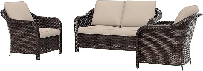 3 Piece Patio Wicker Conversation Set, All-Weather Use Outdoor Wicker Loveseat with 2 PE Rattan Chair, Ideal for Porch - Photo 1