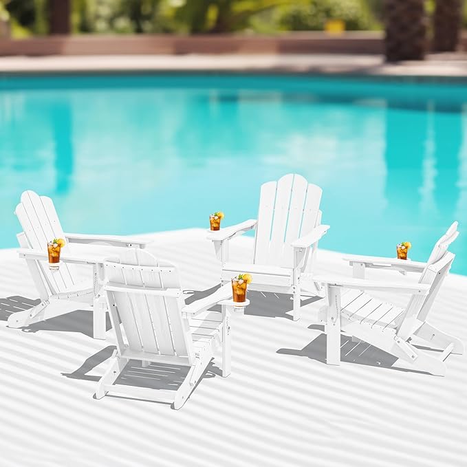 KINGYES Folding Adjustable Adirondack Chairs Set of 4, HDPE All Weather Use Reclining Adirondack Chair, Outdoor Adirondack Chair- White