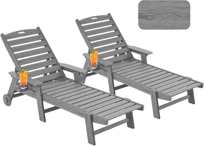 Chaise Lounge Chair Outdoor with Wheels, Oversize Patio Lounge Chairs with Wood Texture, 5-Position Plastic Lounge Chairs Set of 2-Grey(Separate Delivery)