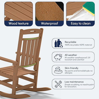 Plawdlik Oversized Outdoor Rocking Chair - All-Weather Resistant,HDPE Heavy Duty Patio Rockers with High Back - Perfect for Porch, Lawn, Garden, Modern Style,Teak