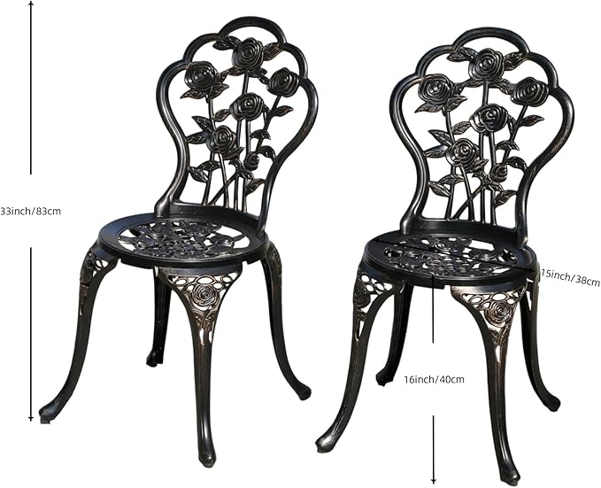 KAILI Rose Garden Cast Aluminum Bistro Chairs, Decorative Outdoor Patio Seating, Set of 2 - Photo 3