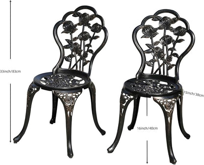 KAILI Rose Garden Cast Aluminum Bistro Chairs, Decorative Outdoor Patio Seating, Set of 2, White and Black (Rose Chair Bronze)
