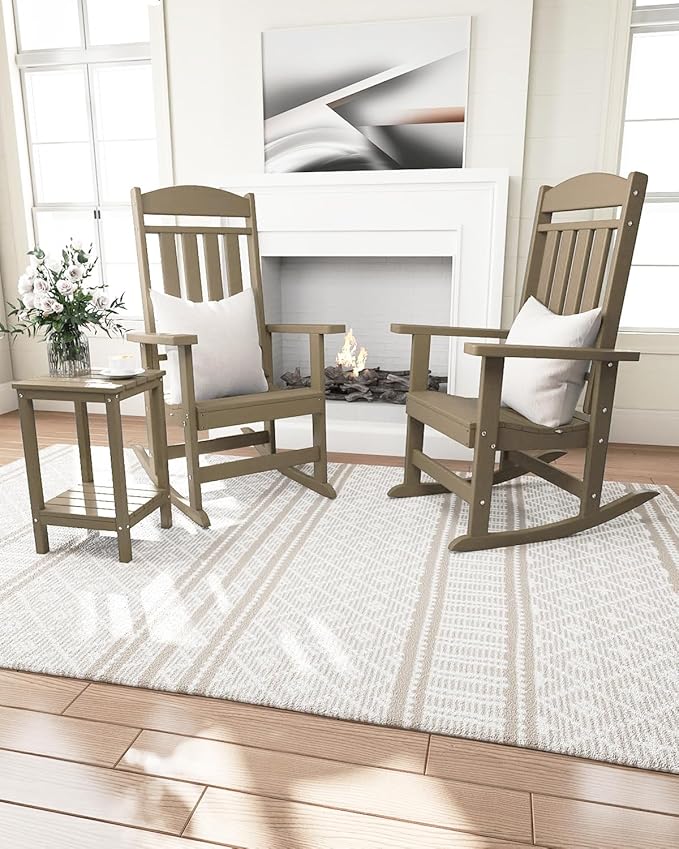 Outdoor Rocking Chairs Set of 2, Oversized High Back Patio Rocking Chairs, All Weather Porch Rocking Chairs for Outside. Brown