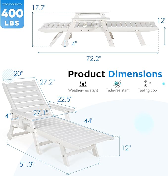 nalone HDPE Chaise Lounge Chair Outdoor with Wheels & Cup Holder, Pool Lounge Chairs with 5-Position Adjustable Backrest, Supports Up to 400 LBS for Patio Poolside Deck Beach Backyard (White)