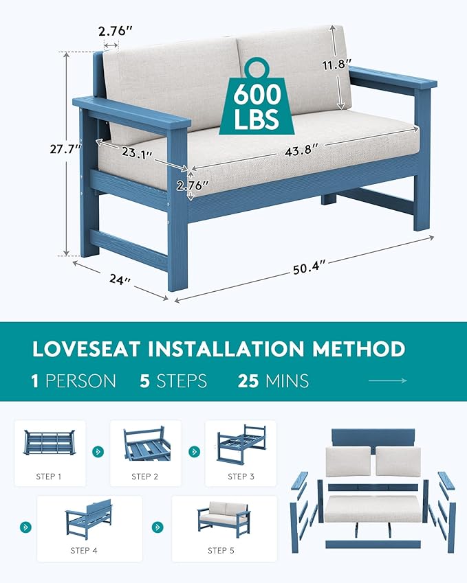 SERWALL HDPE Outdoor Loveseat with Cushions, All Weather Use Outdoor Loveseat Sofa, Blue Frame with Khaki Cushions - Photo 2